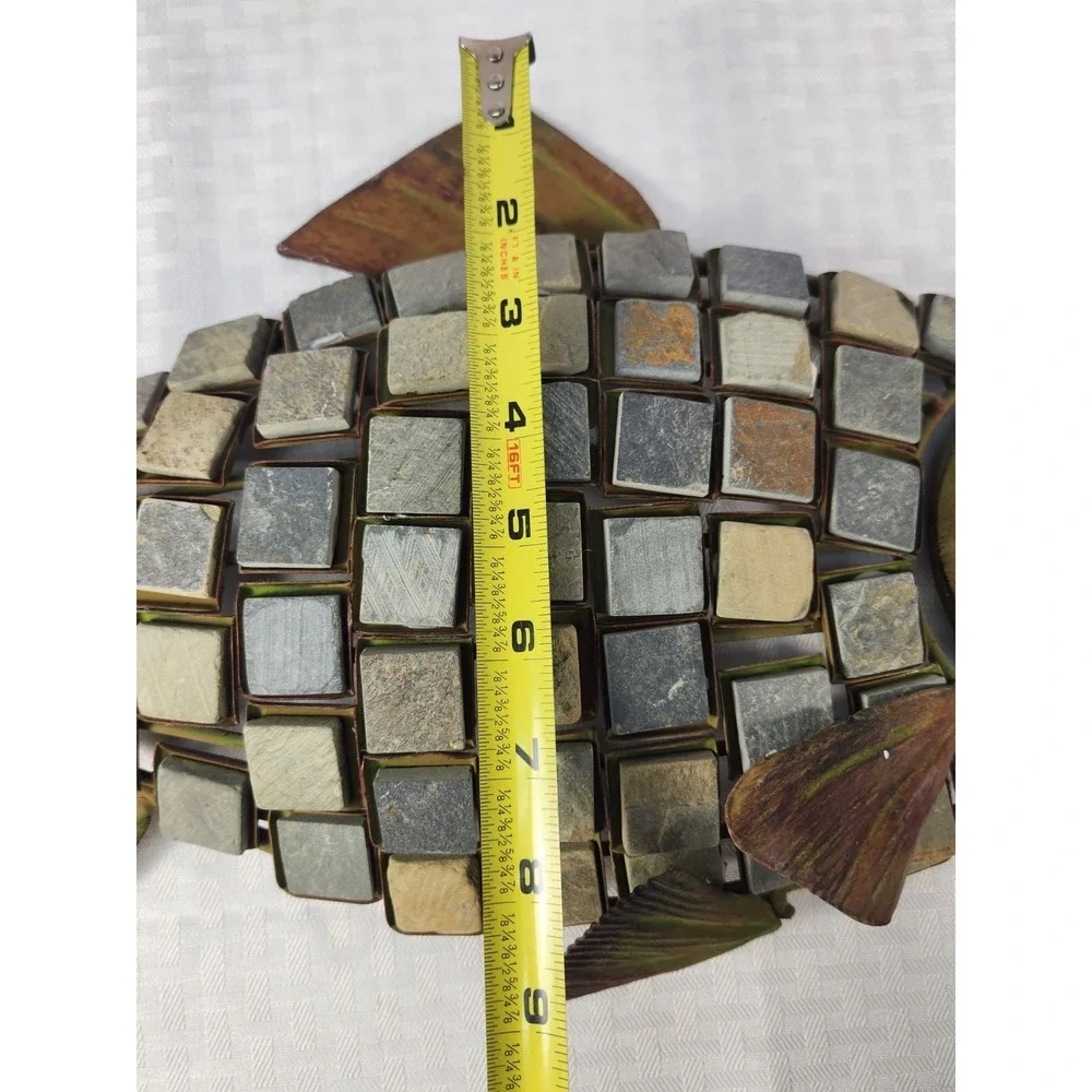 Metal Mosaic Fish Decorated with Inlaid Mosaic Stone Tiles 18x11
